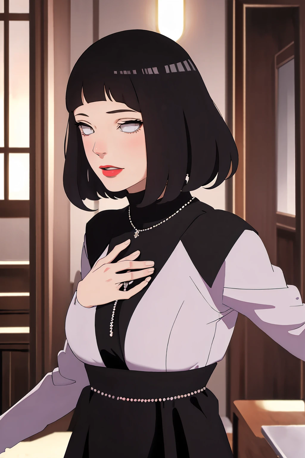 (Masterpiece - Ultra-Detailed, High Resolution) Prepare to be enchanted by a true masterpiece that combines ultra-detailed art with high-resolution rendering. This work shows a mesmerizing woman, with short, light black hair, 1950s style, Hinata (1.3) and captivating dark brown eyes (1.2), New York illustration style, wearing (red lipstick), emanating an aura of elegance and mystery. Wearing classic 1950s clothing. sexy. Intricate details and realistic textures invite you to explore every aspect of this enchanting composition. Black dress. Dancing lithly, dynamic poses, mouth closed. Different posture. . Get ready to dive into a world where beauty and craftsmanship merge perfectly.