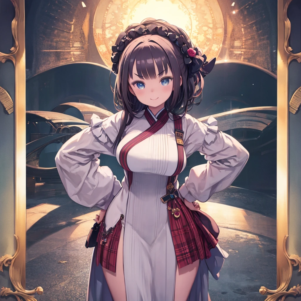 masterpiece、highest quality、High resolution、Very detailed、Medium wide shot、Beautiful eyes、Girl、Judo、V-shaped eyebrows、smile、Hands on hips、Stand with your feet apart、cute、Big Breasts、