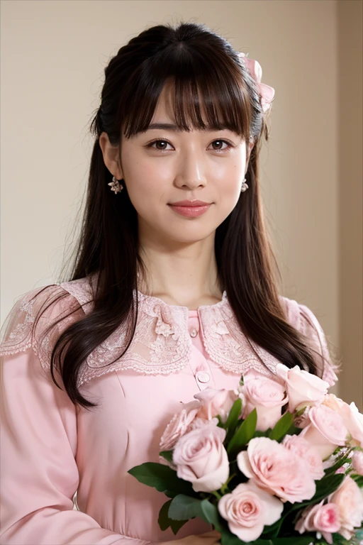 Medium Size Display, Medium Shot, Written boundary depth, bust, Upper Body, Movie angle, masterpiece, highest quality, Very detailed, CG, 8k wallpaper, Beautiful Face, Delicate eyes, Otome, alone, smile, bangs, have,Pink blouse, bow, petal, bouquet