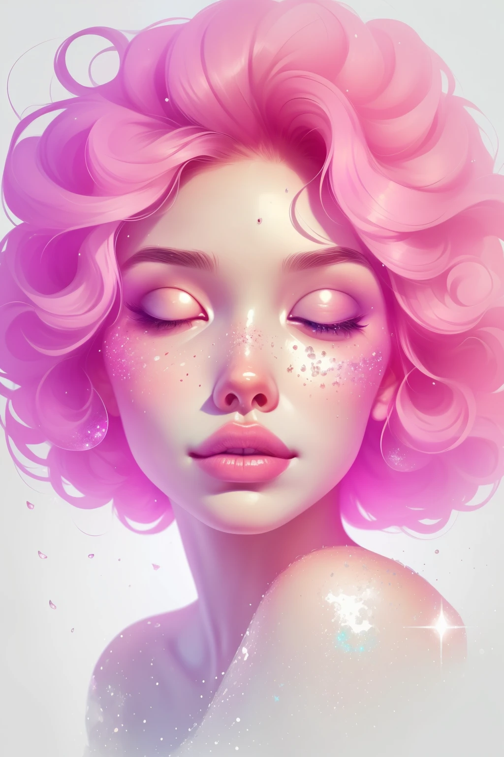 (This is a beautiful fantasy image that feels interesting and emphasizes glitter and iridescence.) Generate a ((blind)) curvy woman with colorful curly hair and milky white eyes. Her face is important and is perfectly formed with puffy lips and perfect features. (Her eyes are critically important and are (blank) and (solid white)). The image exudes ethereal beauty and soft fantasy. Include sweet and detailed birds and soft, luminous flowers. The image's background is decorated in shades of pink, shimmer, glitter, and fantasy details like colored bubbles and cosmos. Utilize dynamic composition to create a compelling and action-packed image. Dramatic lighting and cinematic lighting enhance the woman's beauty and the soft colors in the artwork. (((((Perspective: head on.))))) Include fantasy, cute, colorful, colourful, interesting magic background, ((((blank eyes)))), ((((empty white eyes)))), (shirome eyes:1.3), (smirking), (perfectly rendered solid whiteeyes), ((short neck)), ((birthmark on lip)), ((pretty lips)), beautiful background, complex background, sweet background