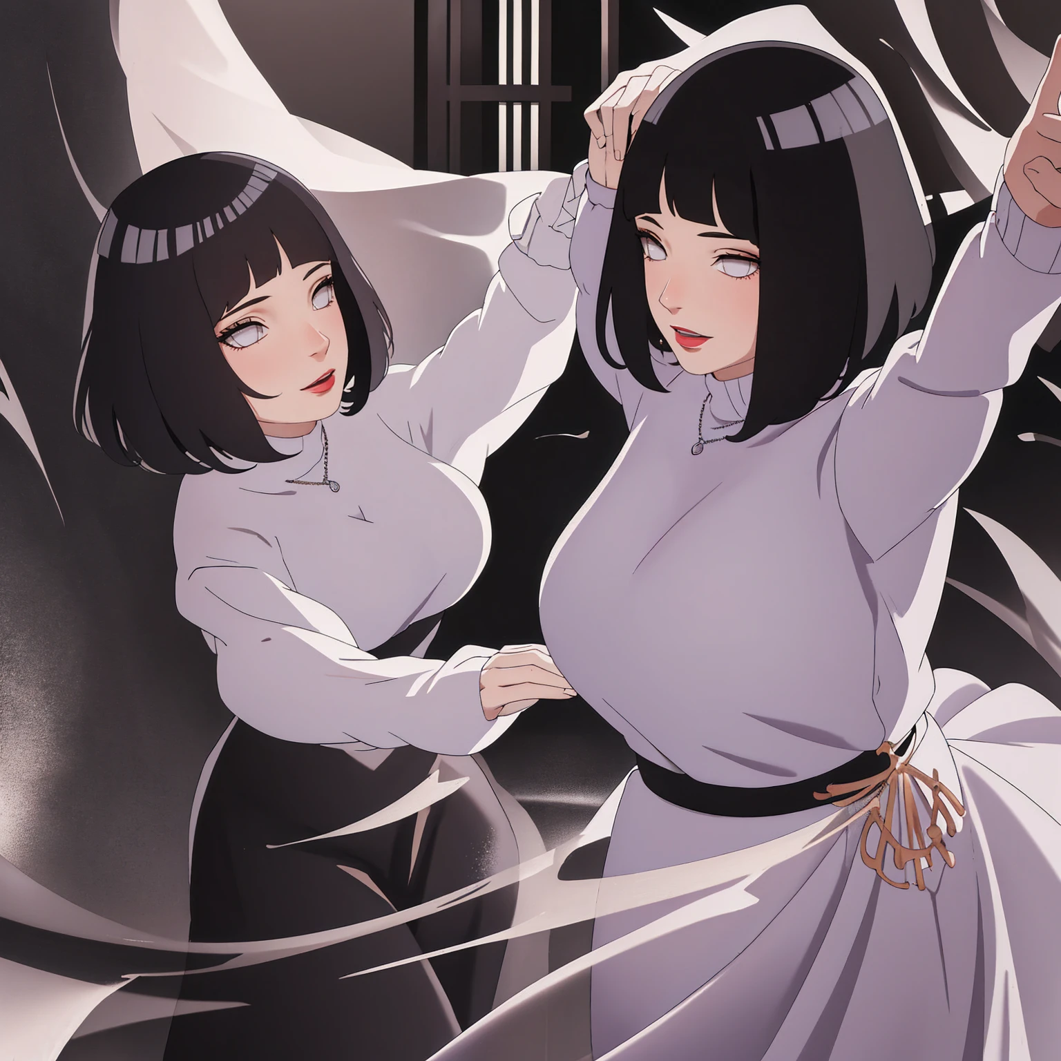 (Masterpiece - Ultra-Detailed, High Resolution) Prepare to be enchanted by a true masterpiece that combines ultra-detailed art with high-resolution rendering. This work shows a mesmerizing woman, with short, light black hair, 1950s style, Hinata (1.3) and captivating dark brown eyes (1.2), New York illustration style, wearing (red lipstick), emanating an aura of elegance and mystery. Wearing classic 1950s clothing. sexy. Intricate details and realistic textures invite you to explore every aspect of this enchanting composition. Transparent white dress. Dancing lithly, dynamic poses, mouth closed. Different posture. . Get ready to dive into a world where beauty and craftsmanship merge perfectly.