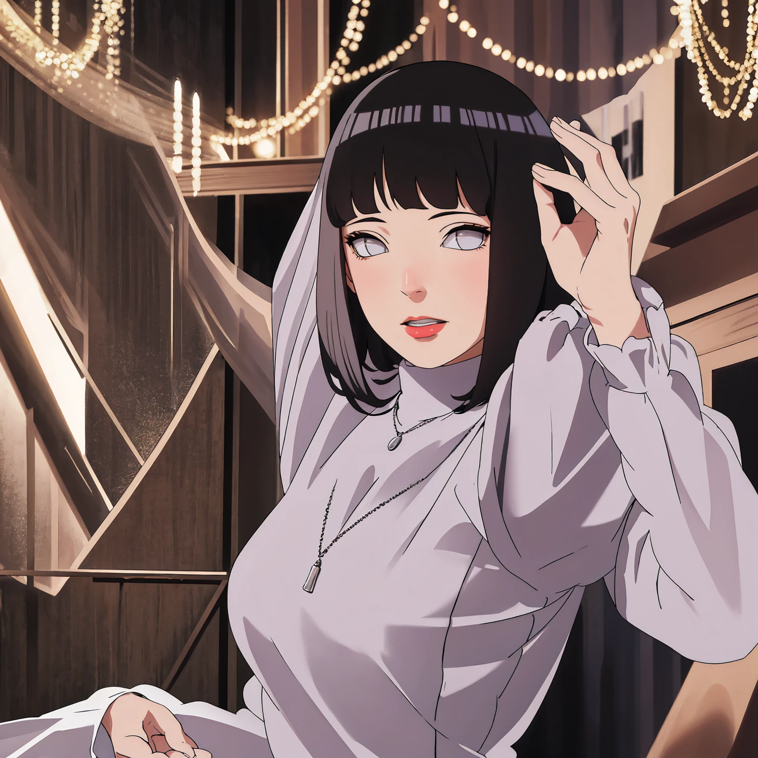 (Masterpiece - Ultra-Detailed, High Resolution) Prepare to be enchanted by a true masterpiece that combines ultra-detailed art with high-resolution rendering. This work shows a mesmerizing woman, with short, light black hair, 1950s style, Hinata (1.3) and captivating dark brown eyes (1.2), New York illustration style, wearing (red lipstick), emanating an aura of elegance and mystery. Wearing classic 1950s clothing. sexy. Intricate details and realistic textures invite you to explore every aspect of this enchanting composition. Transparent white dress. Dancing lithly, dynamic poses, mouth closed. Different posture. . Get ready to dive into a world where beauty and craftsmanship merge perfectly.