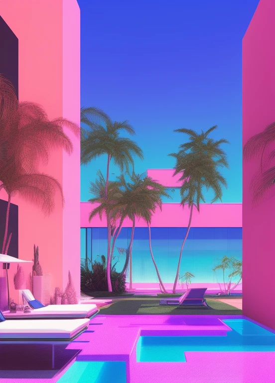 Imagine an artwork steeped in the vaporwave aesthetic of the 80s, deeply influenced by Yoko Honda’s vivid artistic style, but with a minimalist approach. Visualize a retro-futuristic beach and pool scene at sunset, where the sky ignites with intense hues of orange, pink, and red—colors that reflect off the calm waters of the sea and pool, creating a captivating visual effect. Around the pool, neon-lit palm and coconut trees sway gently, enhancing the tropical and otherworldly vibe with sparse but striking placement. Geometric neon lights cast a surreal glow, illuminating the scene with minimal yet effective lighting. The setting includes a stylish, minimalist beachside bar, visible through expansive glass windows. Inside, the bar showcases pastel-colored walls and floors adorned with luxurious terrazzo and marble textures, achieved using Yoko Honda’s signature textured brushes to create a tactile and visually rich surface. This scene merges retro luxury with vibrant, warm color palettes in a minimalist composition, crafting a scene that is not only timeless but also distinctively reminiscent of the 80s and true to Yoko Honda’s style.