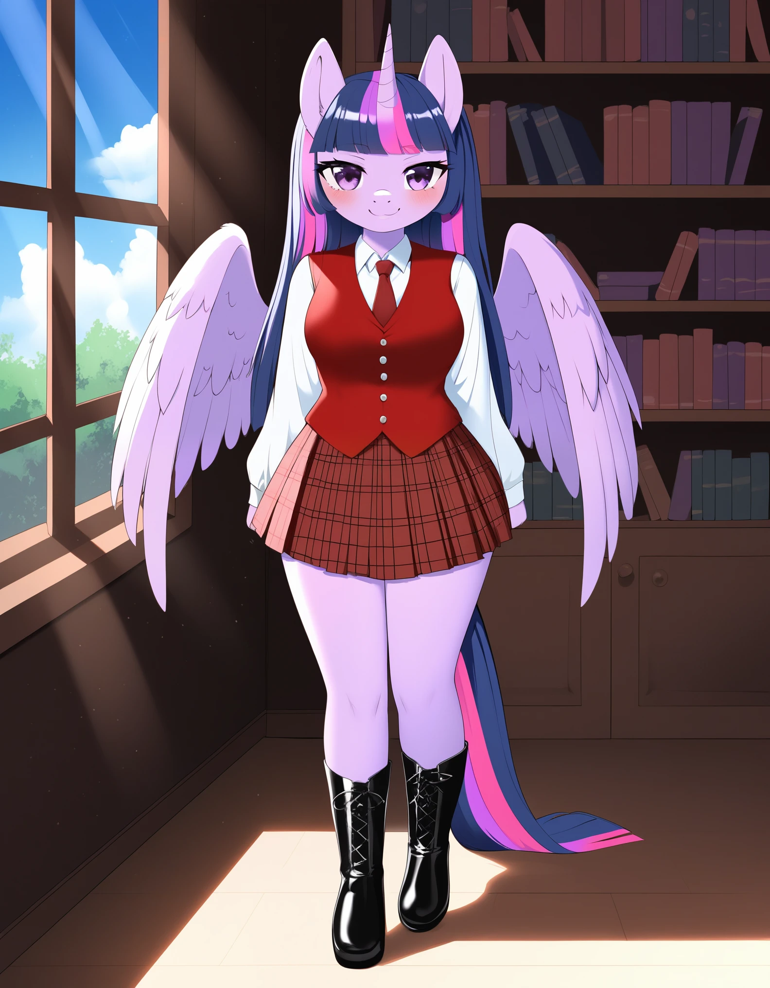 [twilight sparkle], ((masterpiece)), ((HD)), ((high res)), ((solo portrait)), ((full body)), ((front view)), ((feet visible)), ((furry; anthro horse)), ((detailed fur)), ((detailed shading)), ((beautiful render art)), {anthro female; (slim figure), light-purple fur, horse snout, (long purple hair pink highlights), (long purple tail pink highlights), (light-purple unicorn horn), (light-purple pegasus wings), (long eyelashes), (cute purple eyes), (small boobs), (curvy hips), (beautiful legs), (blushing), (cute smirk), (nervous expression)}, {(red vest), (long white sleeves), (red plaid skirt), (black boots)}, {(standing), (looking at viewer)}, [background; (library), (bookshelves), (window), (blue sky), (sun rays), (ambient lighting)]