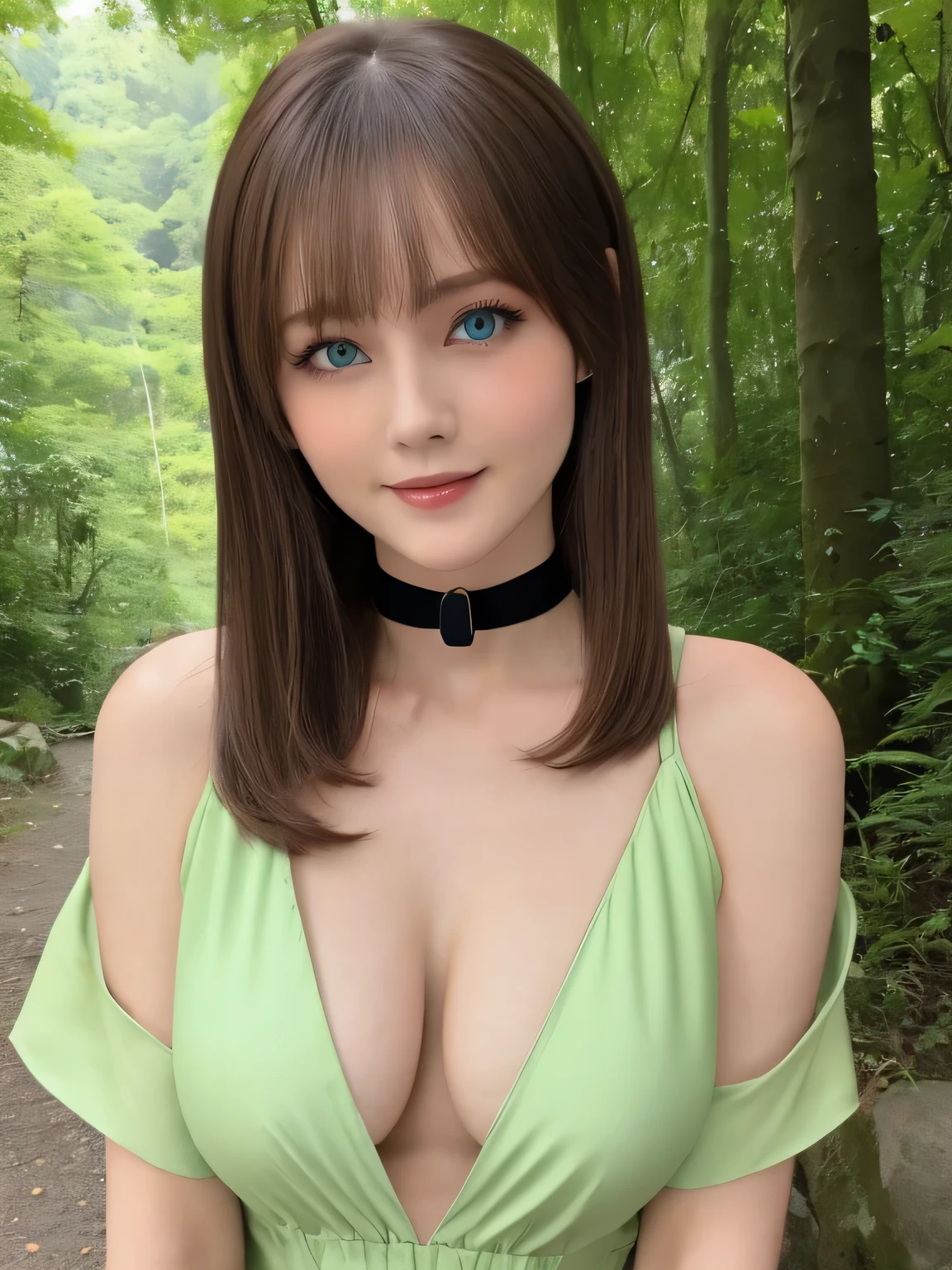 masterpiece, Front view, Cute Japanese aristocratic woman, (輝くBrown Hair, Straight length Hair), ((Green and ivory tunic)), Very cute face, Glossy Lips, Double eyelids on both eyes, Natural Makeup, Brown Hair, Asymmetrical bangs, High resolution, Attention to detail, Detailed hairstyle, Detailed face, Octane Rendering, Ultra-realistic, Perfect limbs, ((Black Choker)), blue eyes, ((Big Breasts)), ((The body is slim:1.5)), Cool Beauty, ((Slim face)), smile, Mature Woman, Browsing Caution:-1.2, length, bushy eyelashes, (Cleavage), ((Mountain、forest)), summer, Chest pop,