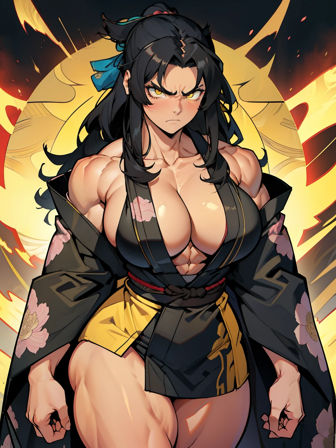 (1girl), black hair, (extremely long hair), yellow eyes, ((muscular)), (kimono), huge breasts, thick thighs, solo, angry, (pale skin)