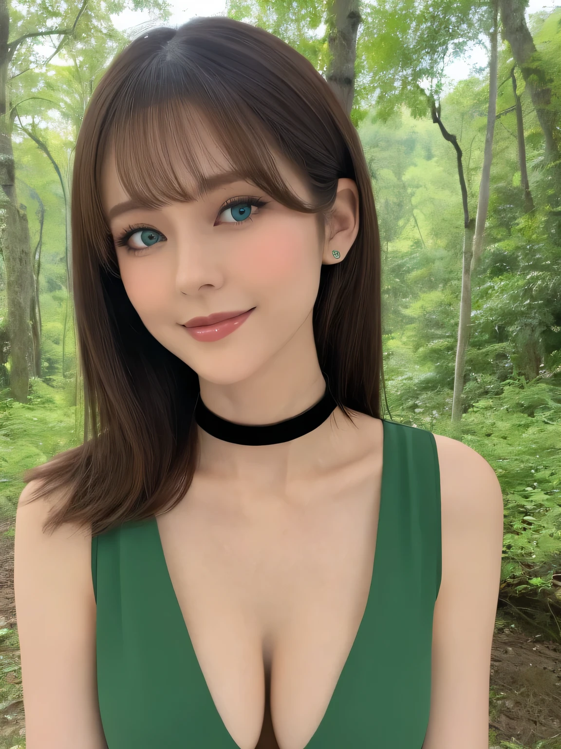 masterpiece, Front view, Cute Japanese aristocratic woman, (輝くBrown Hair, Straight length Hair), ((Green and ivory tunic)), Very cute face, Glossy Lips, Double eyelids on both eyes, Natural Makeup, Brown Hair, Asymmetrical bangs, High resolution, Attention to detail, Detailed hairstyle, Detailed face, Octane Rendering, Ultra-realistic, Perfect limbs, ((Black Choker)), blue eyes, ((Big Breasts)), ((The body is slim:1.5)), Cool Beauty, ((Slim face)), smile, Mature Woman, Browsing Caution:-1.2, length, bushy eyelashes, (Cleavage), ((Mountain、forest)), summer, Chest pop,