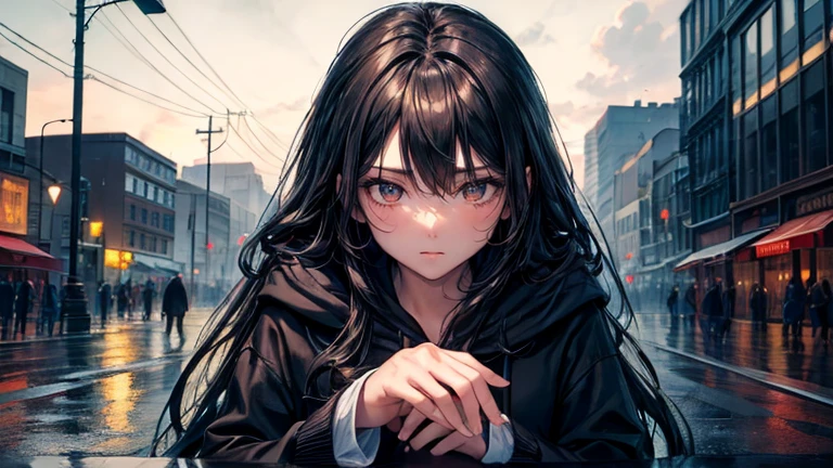 (oil, masterpiece, highest quality, Super detailed, Focus on the characters), woman,Black hoodie,Long Hair,Detailed hair depiction,Detailed depiction down to the tips of the hair([return:0.8]|[ face facing returnwards:1.1]), ,([Rainy night city scenario:1.2]|[ ground:1.3]| [High Contrast:1.1])  