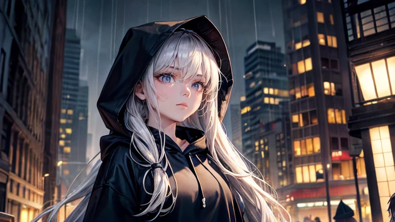 (oil, masterpiece, highest quality, Super detailed, Focus on the characters), woman,Black hoodie,Long Hair,Detailed hair depiction,Detailed depiction down to the tips of the hair([return:0.8]|[ face facing returnwards:1.1]), ,([Rainy night city scenario:1.2]|[ ground:1.3]| [High Contrast:1.1])  