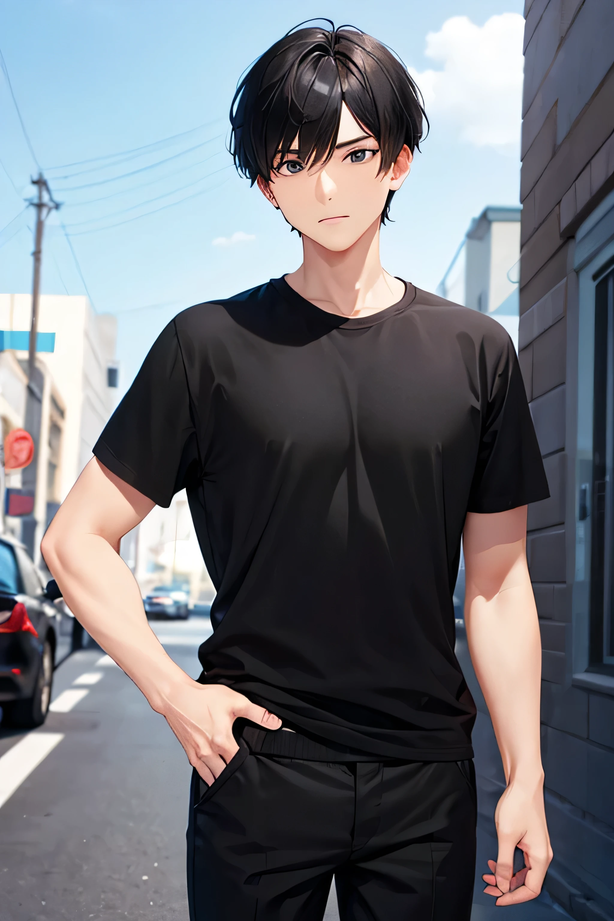 man, short black hair, black pants, black t shirt, facing forward,