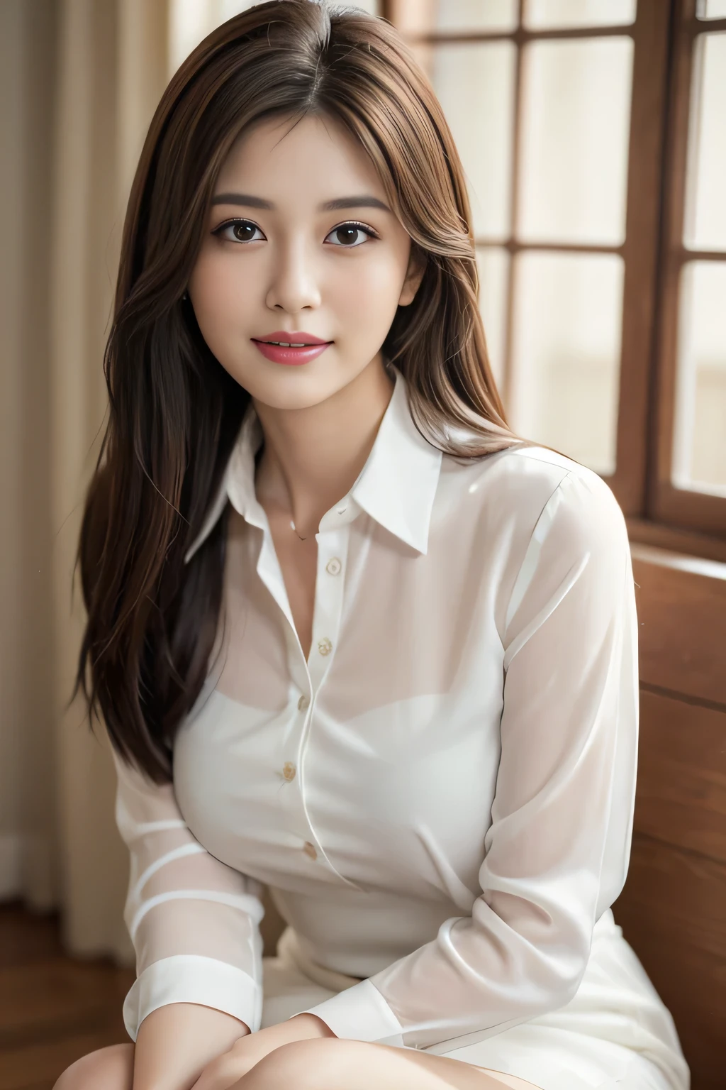 (RAW Photos), (Realistic), (masterpiece), (highest quality), High resolution, 8k, (Intricate details), (Volumetric Light), Portraiture, woman, Age 35, Medium Hair, Straight hair, Medium Chest, Layered Hair, Brown Hair, Very beautiful eyes, Source order, Very thin eyebrows, Very fine skin, Very beautiful mouth, Very nice nose, Cute like an idol, smile, (Thick lips), (Looking at the audience), (See-through pearl white collared dress shirt), Above the knee shot