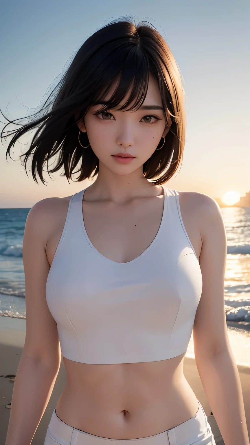 (logo、masterpiece、8k、Tabletop、RAW Photos、wonderful、最high quality、Photorealistic and Very detailed CG integrated 8k wallpaper、high quality、Very detailed、Narrative poem、Particle Effects、Dynamic Effects、Written boundary depth、Cinematic Light、Lens flare、Ray Tracing)、Fantasy、 (One beautiful woman、White pants、White T-shirt、White tube top、White crop top、Black-haired、Beautiful Face、True Face、Beautiful details、eye、Beautiful Skin、Ultimate Body、glamorous)、私の髪はWindに舞う、Hair flutters in Wind、Hair bounces、Seaside、wonderful景色、Coastal、sunrise、Sun in the background、Wind、Beach