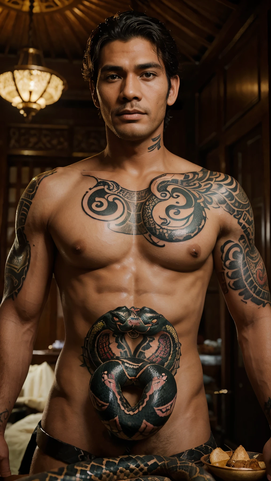 (butler,portrait),(ultra handsome),(1 large snake tattoo on front body),(kingdom,Indonesia,Java region),(photo)