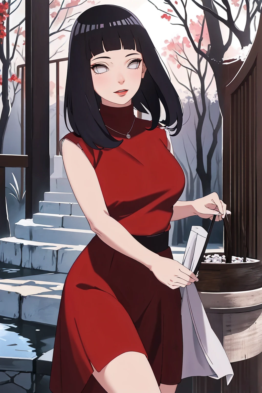 (Masterpiece - Ultra-Detailed, High Resolution) Prepare to be enchanted by a true masterpiece that combines ultra-detailed art with high-resolution rendering. This work shows a mesmerizing woman, with short, light black hair, 1950s style, Hinata (1.3) and captivating dark brown eyes (1.2), New York illustration style, wearing (red lipstick), emanating an aura of elegance and mystery. Wearing classic 1950s clothing. sexy. Intricate details and realistic textures invite you to explore every aspect of this enchanting composition. Transparent red dress. Dancing lithly, dynamic poses, mouth closed. Different posture. . Get ready to dive into a world where beauty and craftsmanship merge perfectly.