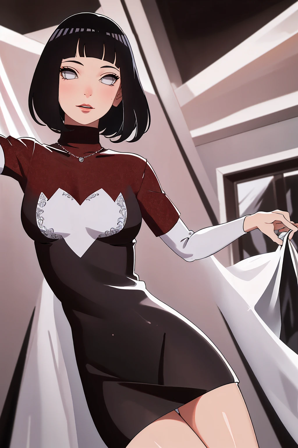 (Masterpiece - Ultra-Detailed, High Resolution) Prepare to be enchanted by a true masterpiece that combines ultra-detailed art with high-resolution rendering. This work shows a mesmerizing woman, with short, light black hair, 1950s style, Hinata (1.3) and captivating dark brown eyes (1.2), New York illustration style, wearing (red lipstick), emanating an aura of elegance and mystery. Wearing classic 1950s clothing. sexy. Intricate details and realistic textures invite you to explore every aspect of this enchanting composition. Transparent red dress. Dancing lithly, dynamic poses, mouth closed. Different posture. . Get ready to dive into a world where beauty and craftsmanship merge perfectly.