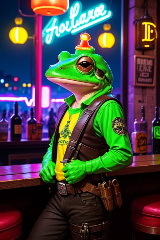 Cute little frog, wearing holster, with posse, in a bar, 32k, neon sign in background, rusty hinges