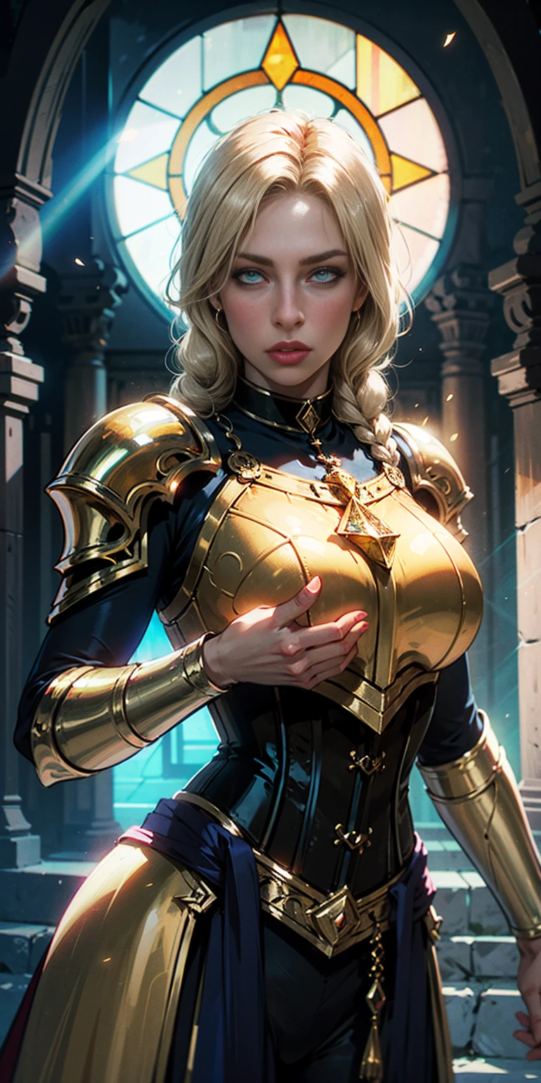upper body of paladin lady in ornate golden armor, black collar, pauldrons, breastplate, corset, glowing halo, single braid, blonde, yellow glowing eyes, bright pupils, eye focus, red cape, temple indoors, stained glass windows, night, moonlight, particles, light beam, chromatic aberration, left hand on hips, right hands peace sign