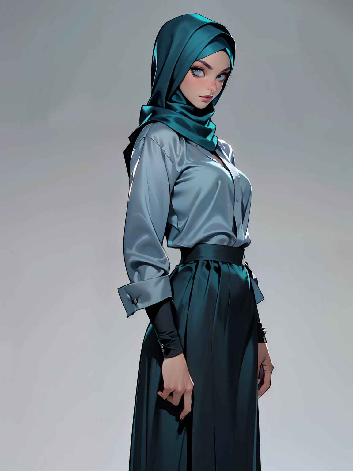 (Masterpiece, best quality) detailed, character sheet, ((a woman, beautifully makeup, eyeshadow, beautiful big eyes, long eye lashes, wearing (Teal satin hijab), ((gray satin shirt)), ((satin long maxi skirt)), photography, detailed skin, realistic, photo-realistic, 8k, highly detailed, full length frame, High detail RAW color art, diffused soft lighting, shallow depth of field, sharp focus, hyperrealism, cinematic lighting, yokai illustration style, Aztec art, style artgerm, full of details. Standing Symmetric Centre, facing the viewer, gray background.