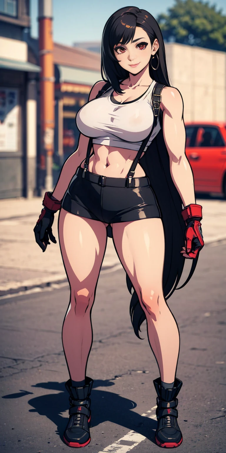 (8k, best quality, masterpiece:1.2) (realistic, photo-realistic:1.37) (full body) 1sologirl, standing legs apart (wide stance) standing contrapposto, ultra-detailed, cute (Tifa Lockhart) (large breasts:1.5) (beautiful detailed eyes) (smile:1.2) (closed mouth) sharp focus, depth of field, good composition, Final Fantasy VII, very long straight hair, hair bang ((red eyes)) intricate, bokeh (Tetsuya Nomura style) perfect breasts, white tank top, black thong, suspenders, gloves, stockings, toned body, athletic, wide hips, thin waist, toned arms, exposed abdomen
