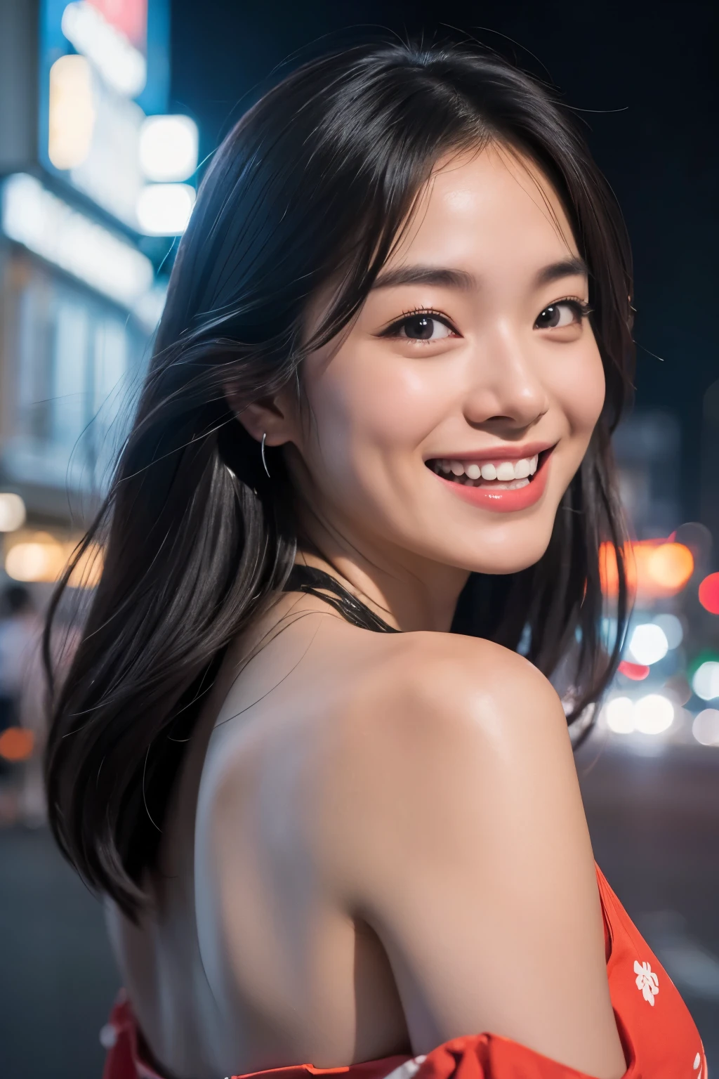 (((Big Smile))), Solitary Girl, Summer, City, Osaka Street, Evening, City Lights, Upper Body, Close-up, 8k, RAW Photo, Top Quality, Masterpiece, Real, Photorealistic,