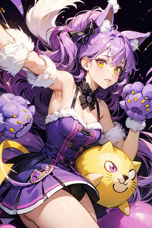a purple girl cat-like mascot with yellow button eyes, claws, and some stuffing coming from her left shoulder. SPARKLE; GLITTER