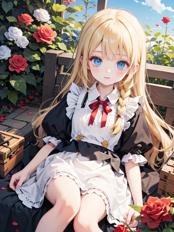 masterpiece, highest quality, Very detailed, 16k, Ultra-high resolution, One ***************, Detailed face, blue eyes, Blonde, Braid, Red ribbon on head, Black maid outfit, Drawers, blue sky, garden, Red Rose, Lie on your back