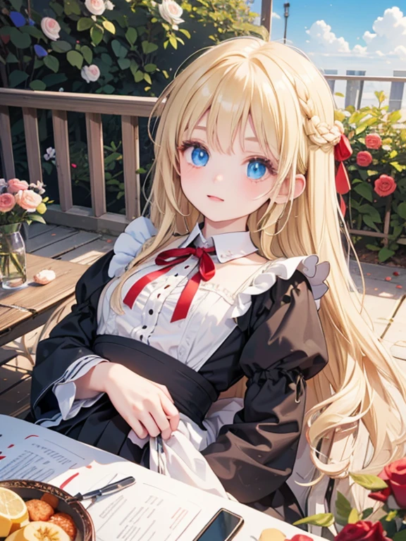 masterpiece, highest quality, Very detailed, 16k, Ultra-high resolution, One ***************, Detailed face, blue eyes, Blonde, Braid, Red ribbon on head, Black maid outfit, Drawers, blue sky, garden, Red Rose, Lie on your back