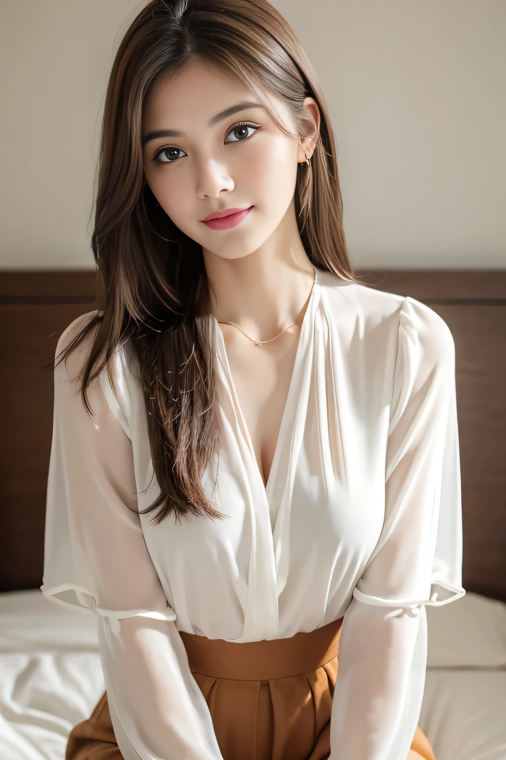 (RAW Photos), (Realistic), (masterpiece), (highest quality), High resolution, 8k, (Intricate details), (Volumetric Light), Portraiture, woman,Age 25, Medium Hair, Straight hair, Medium Chest, Layered Hair, Brown Hair, Very beautiful eyes, Source order, Very thin eyebrows, Very fine skin, Very beautiful mouth, Very nice nose, Cute like an idol, smile, (Thick lips), (Looking at the audience), (Chiffon blouse), Above the knee shot