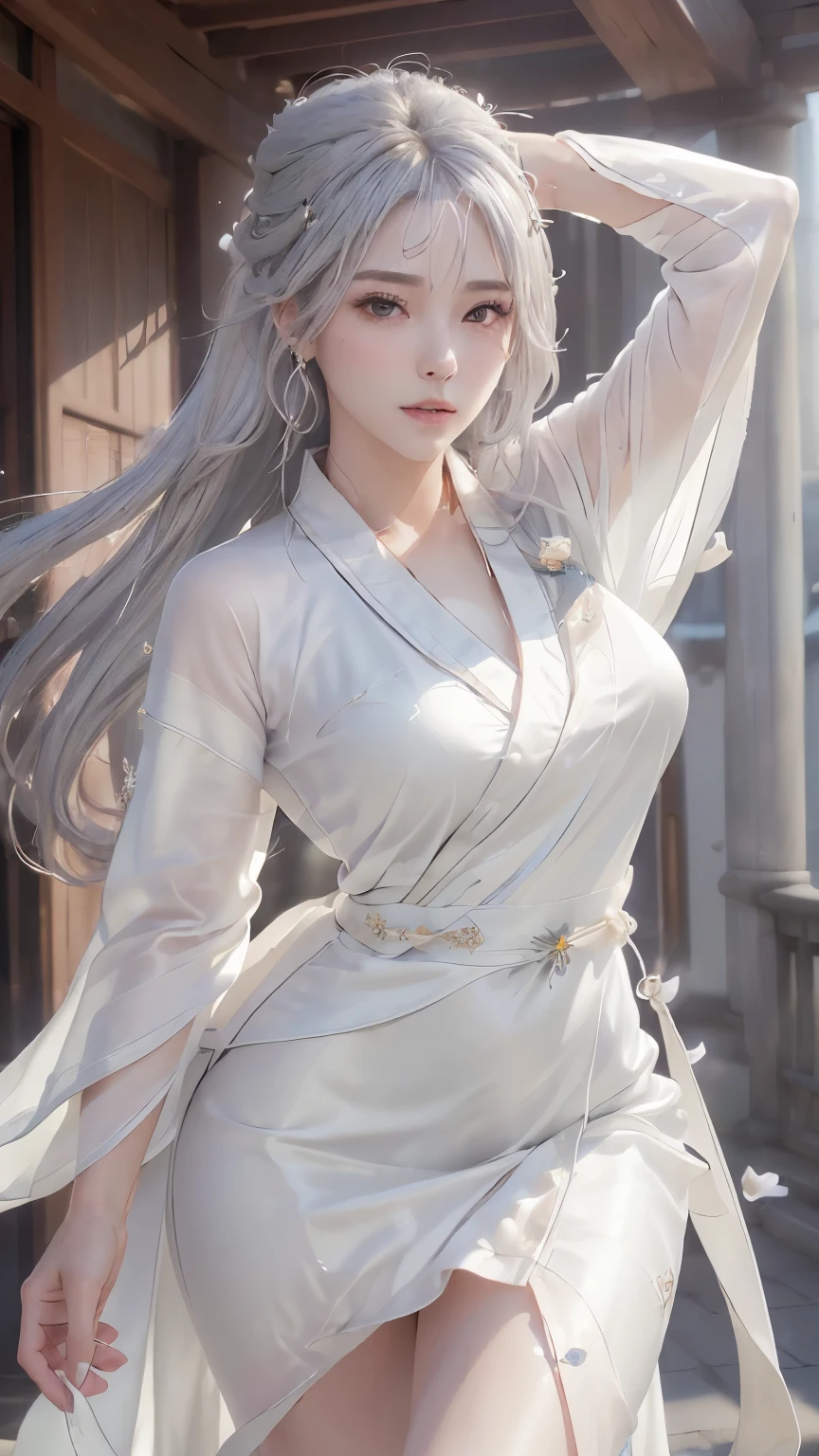 photorealistic, high resolution, 1women, solo, hips up, look at viewer, (detailed face), white hair, long hair, colorful Taoist robe,oversized clothes, jewelry