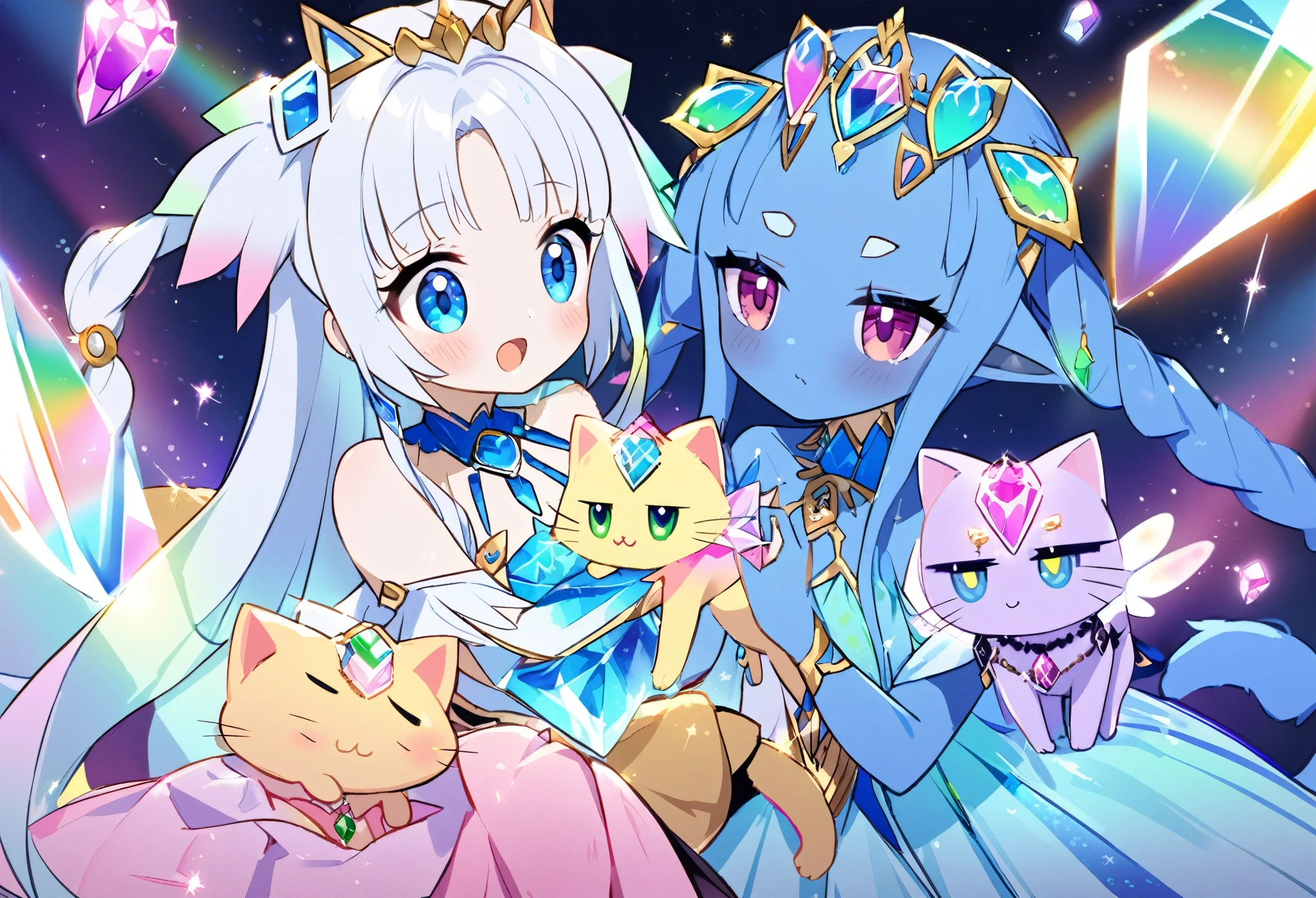 (2 subjects) (Subject 1: Cryptic girl in an action pose descending from the sky) and her companion (subject 2: a blue skinned water nymph, jewel adorned) have rescued a cute rainbow crystal kitty cat