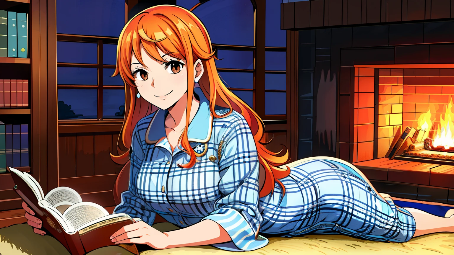 masterpiece, ((ultra detailed background, delicate pattern, intricate detail)), (highly detailed, fine details), best quality, beautiful lighting, ((medium breasts, slim girl)), NamiFinal, ((Blue Plaid Pajamas)), simple shirt, 1girl, orange hair, solo, long hair, jewelry, brown eyes, smile, earrings, ((blue tattoo, left shoulder tattoo)), (complex detailed background, Inside, Fireplace, Bookshelf, Window, Night time, Rug on wood floor ), (cowboy shot), covered with blanket, Reading book leaning on something, Cozy, warm smile 