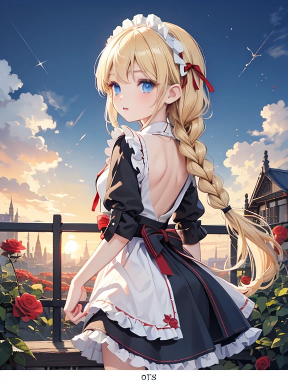 masterpiece, highest quality, Very detailed, 16k, Ultra-high resolution, One 9--old l, Detailed face, blue eyes, Blonde, Braid, Red ribbon on head, Black maid outfit, Drawers, blue sky, garden, Red Rose, Lie on your back