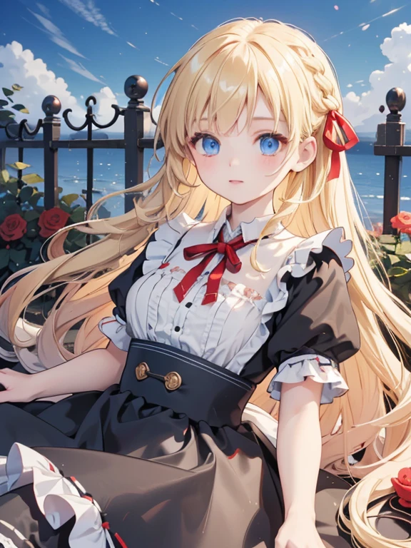 masterpiece, highest quality, Very detailed, 16k, Ultra-high resolution, One ***************, Detailed face, blue eyes, Blonde, Braid, Red ribbon on head, Black maid outfit, Drawers, blue sky, garden, Red Rose, Lie on your back