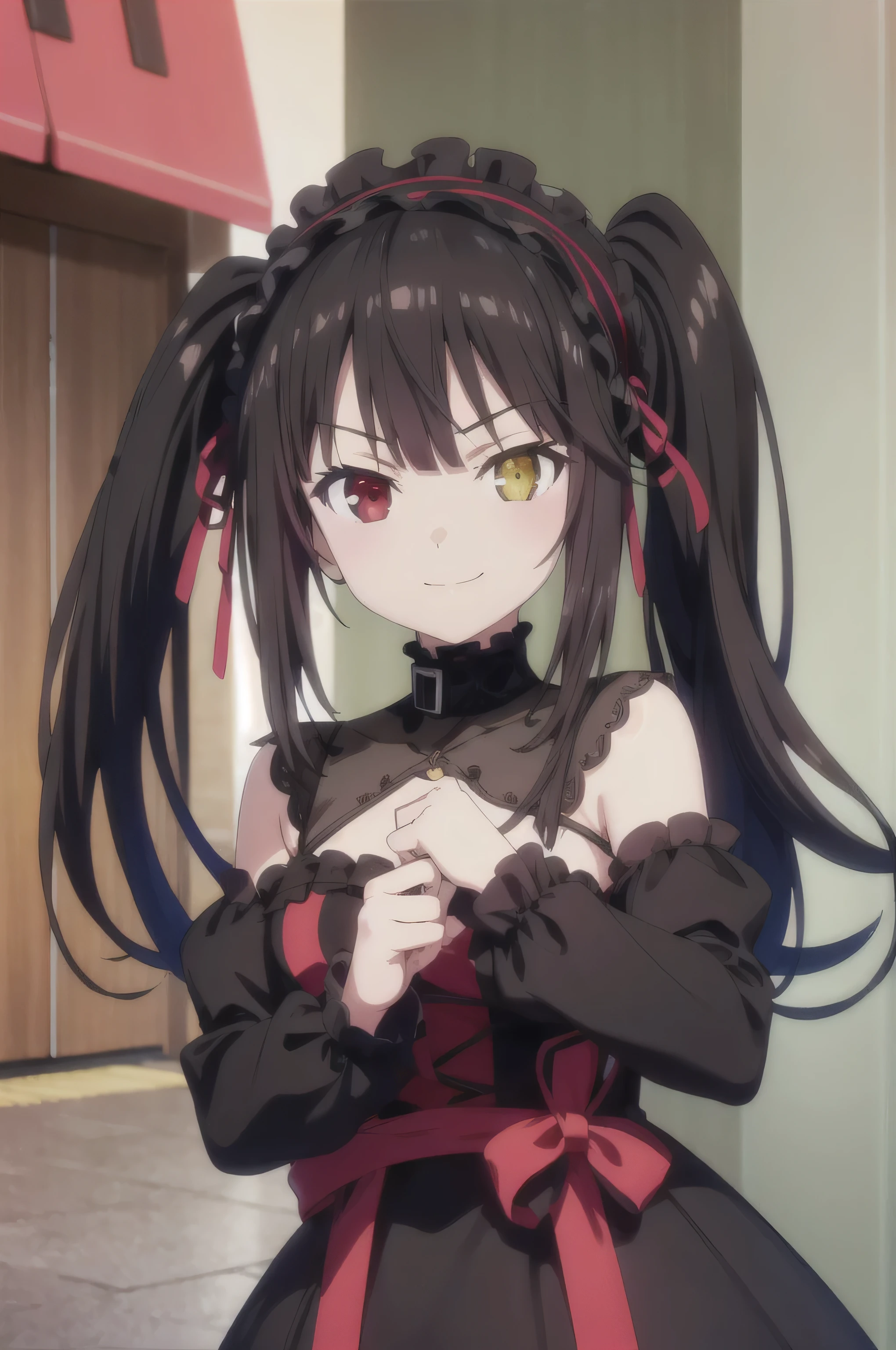 (((pixel-perfect, detail-perfect))), solo, 1girl, kurumi tokisaki, twintails, headband, dress, gothic, looking at viewer, smug