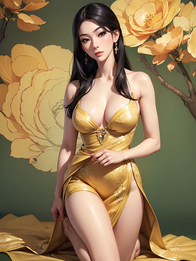 (best quality,ultra-detailed,realistic:1.37),(Korean:1.1)(beautiful detailed dress,adult,woman,detailed description),(beautiful detailed woman,beautiful Chinese background,exposed collarbone),(black eyes,natural eyes,realistic facial features,beautiful leg line),(sexy,full body photo,realistic body proportions,accurate eye ratio),(frontal photo,realistic and slender face)