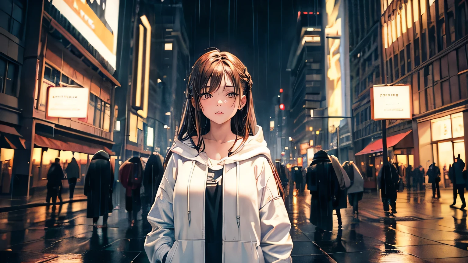 (oil, masterpiece, highest quality, Super detailed, Focus on the characters), woman,White hoodie,Brown long hair,Detailed hair depiction,Detailed depiction down to the tips of the hair([return:0.8]|[ face facing returnwards:1.1]), ,([Rainy night city scenario:1.2]|[ ground:1.3]| [High Contrast:1.1])  