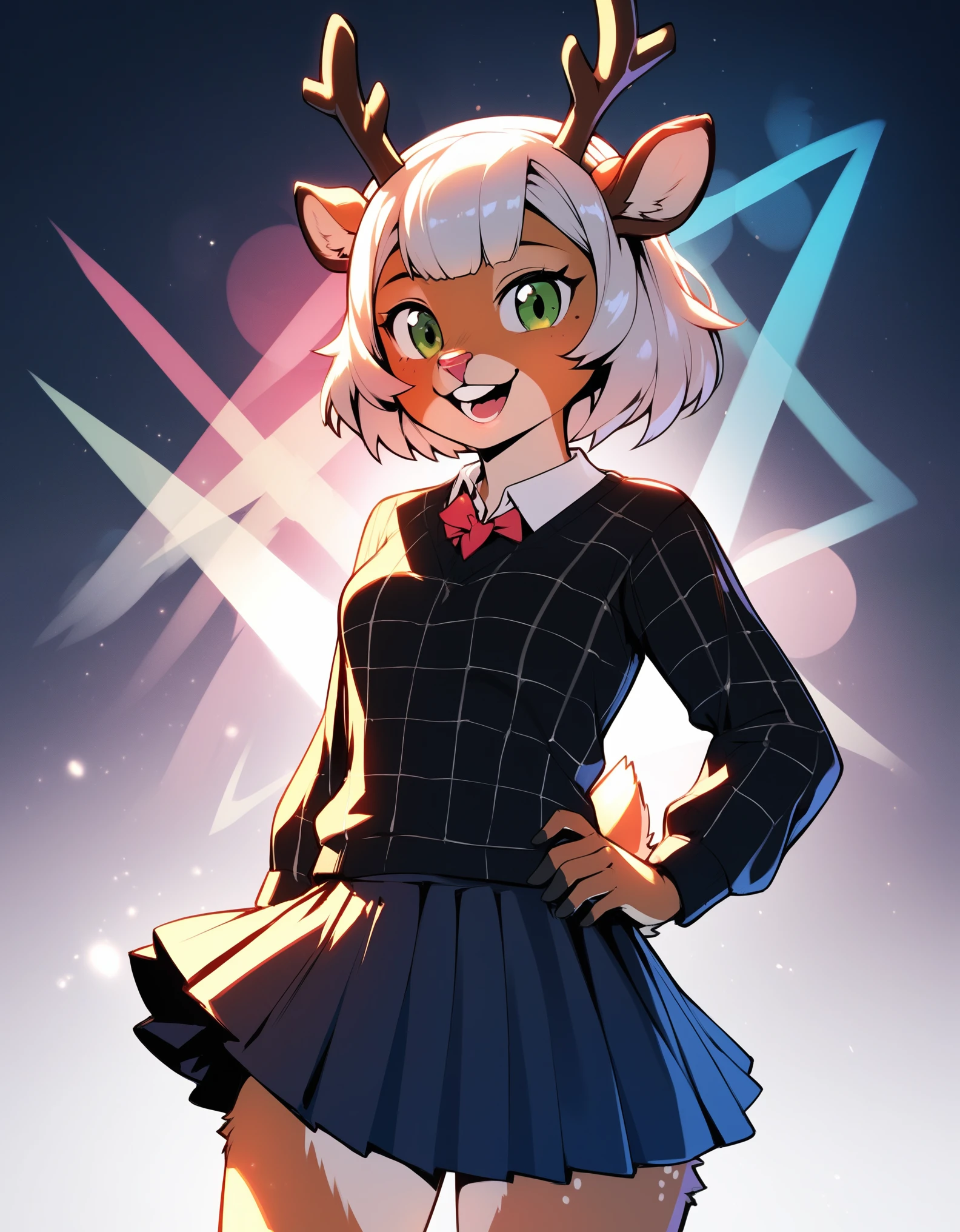 score_9, score_8_up, score_7_up, score_6_up, source_cartoon, noelle, furry female anthro, deer girl, teeth, standing, portrait, skirt, checkered sweater, solo, (body fur:1.2), (best quality), (abstract background:1.2), small breasts, dramatic lighting, (detailed fluffy fur:1.1), looking at viewer, smile, open mouth, 