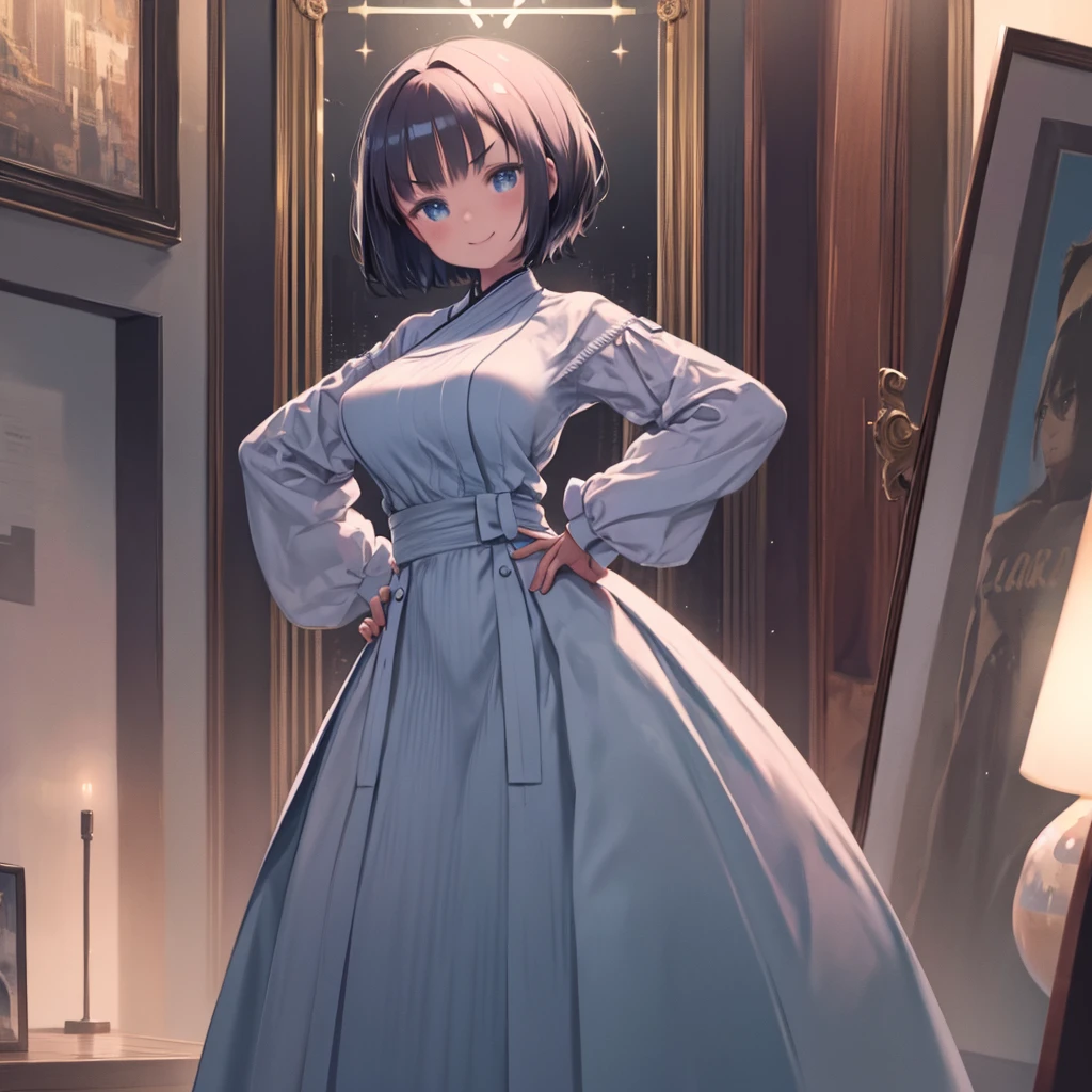 masterpiece、highest quality、High resolution、Very detailed、Medium wide shot、Beautiful eyes、Girl、judo、V-shaped eyebrows、smile、Hands on hips、Stand with your feet apart、cute、Big Breasts、Short Hair、