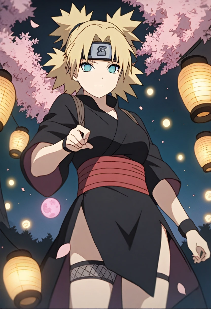 Ultra detailed, Highres, absurdres, HDR, Temari, sand blond hair, expressive teal eyes, Naruto Shippuden, black clothes with patters, pink moon, master piece, pink petals, shining lanterns, shining fireflies, pink flowers, woman, extremely beautiful, solo, extremely detailed eyes and face,