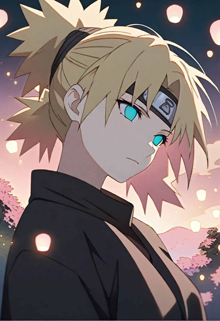 Ultra detailed, Highres, absurdres, HDR, Temari, sand blond hair, expressive teal eyes, Naruto Shippuden, black clothes with patters, pink moon, master piece, pink petals, shining lanterns, shining fireflies, pink flowers, woman, extremely beautiful, solo, extremely detailed eyes and face,