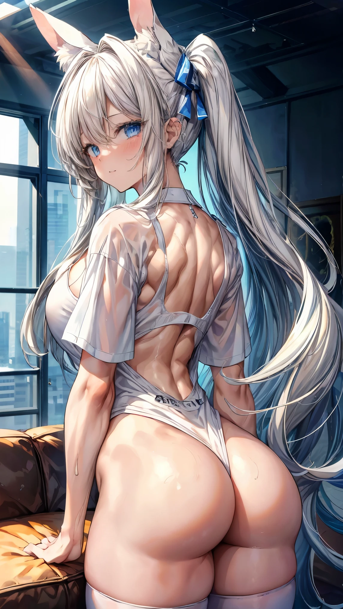 Very detailed、highest quality、Best image quality、masterpiece、8k、Sparkling blue eyes、Anime Face、A kind smile、Open your mouth、Long blonde curly hair、(SFW Giant)、(((Rear View)))、Cowboy Shot、(Wearing a white T-back:1.5)、Muscles of the whole body、Wearing a white headband、Kneel on the sofa、Please put your hands on your hips