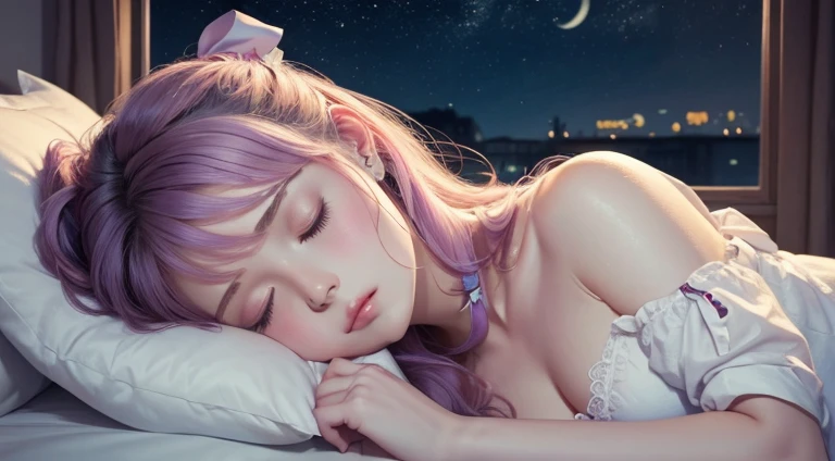 (8k, highest quality, masterpiece:1.2),(highest quality:1.0), (Ultra-high resolution:1.0), watercolor, Beautiful woman, shoulder, Hair Ribbon, Sleeping, pastel colour, (ink:1.3), quiet night