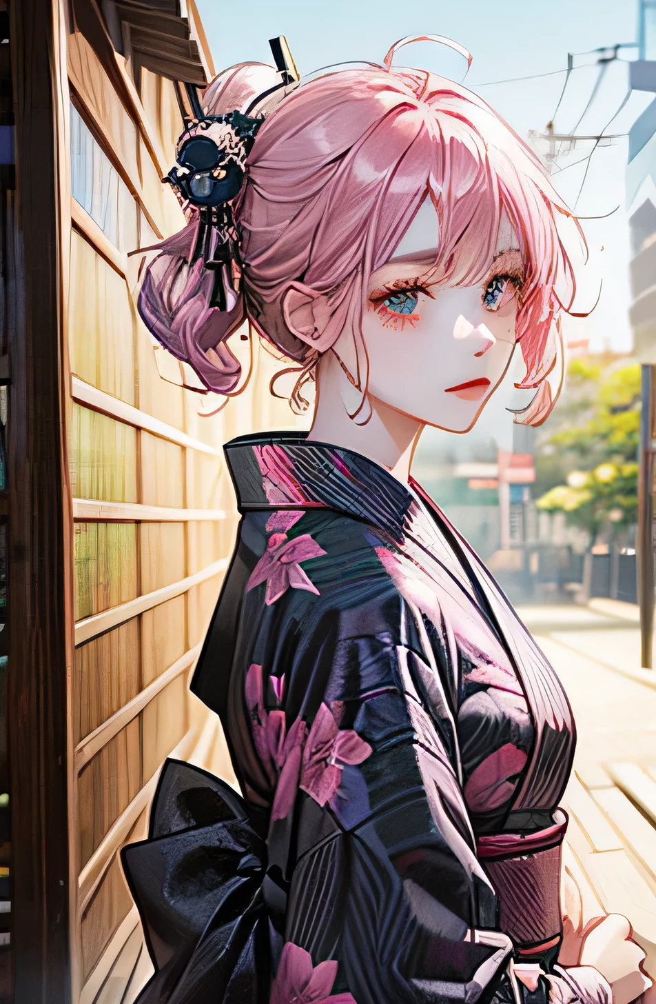 Best Quality,Girl in yukata,The whole body enters,No background,Her hair color is pink.,Black yukata,Facing forward