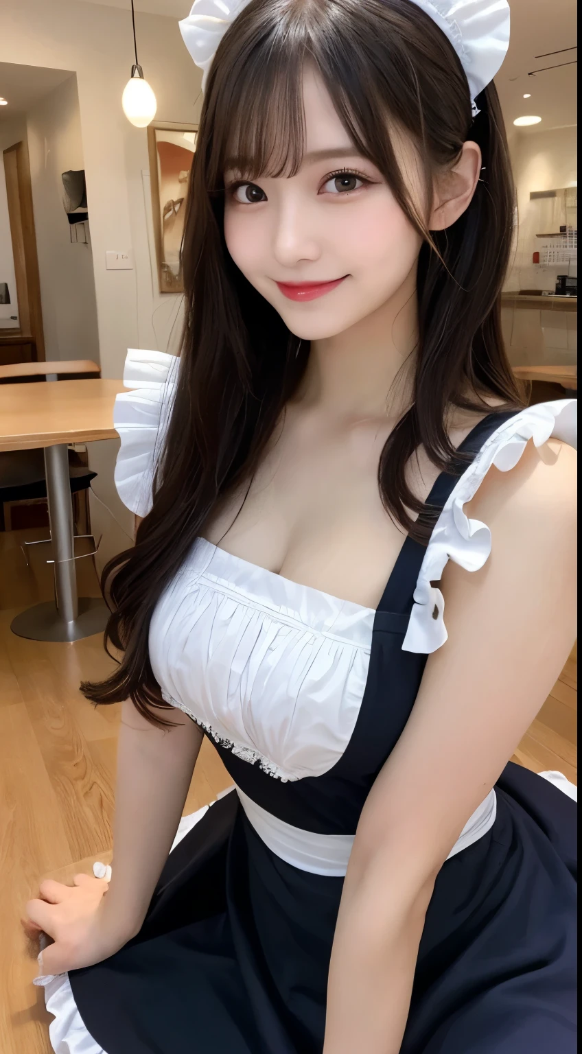 whole body, highest quality, shape, Very detailed, In detail, High resolution, 8k wallpaper, Perfect dynamic composition, Beautiful details, Blue maid outfit,Medium Hair, Center of chest, Natural color lip, Random sexy poses,smile,maid Cafe，Small hair ornament，