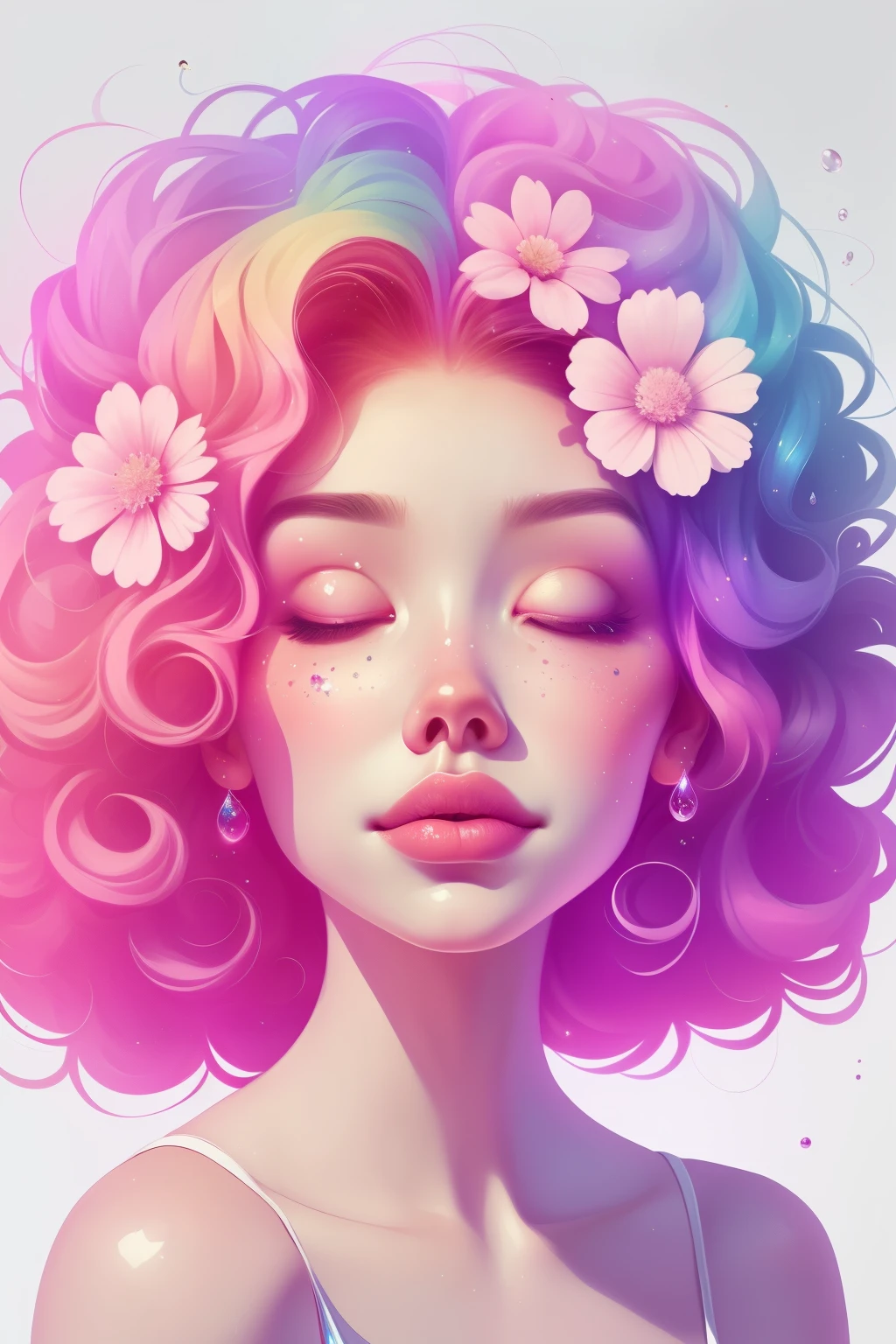 (This is a beautiful rainbow fantasy image that feels interesting and emphasizes glitter and iridescence.) Generate a ((blind)) curvy woman with colorful curly hair and milky white eyes. Her face is important and is perfectly formed with puffy lips and perfect features. (Her eyes are critically important and are (blank) and (solid white)). The image exudes ethereal beauty and soft fantasy. Include sweet and detailed birds and soft, luminous flowers in all the colors of the rainbow. The image's background is decorated in shades of pink, shimmer, glitter, and fantasy details like colored bubbles and cosmos. Utilize dynamic composition to create a compelling and action-packed image. Dramatic lighting and cinematic lighting enhance the woman's beauty and the soft colors in the artwork. (((((Perspective: head on.))))) Include fantasy, cute, colorful, colourful, interesting magic background, ((((blank eyes)))), ((((empty white eyes)))), (shirome eyes:1.3), (smirking), (perfectly rendered solid whiteeyes), ((birthmark on lip)), ((pretty lips)), beautiful background, complex background, sweet background, (((rainbow)))