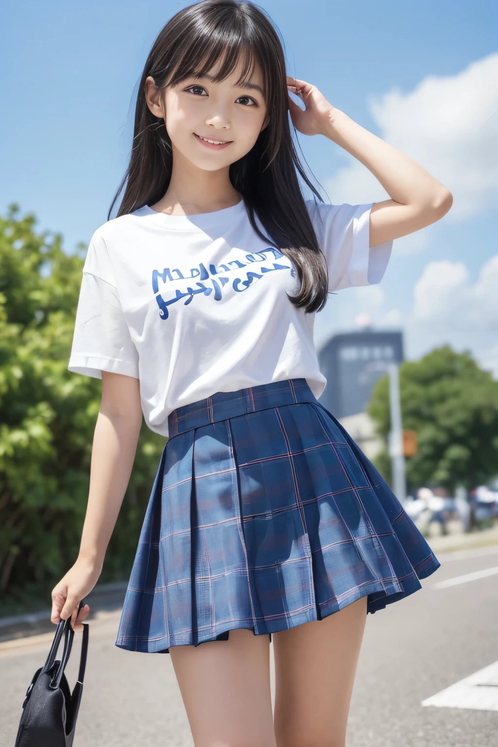 (8k),(masterpiece),(Japanese),(8-year-old girl),((Innocent look)),((Childish)),From the front and above,smile,cute,Innocent,Kind eyes,Plain T-shirt,Short sleeve,Blue checked short skirt,((Beautiful thighs))、semi-long,Hair blowing in the wind,Black Hair,Somewhat strong wind,noon,bright