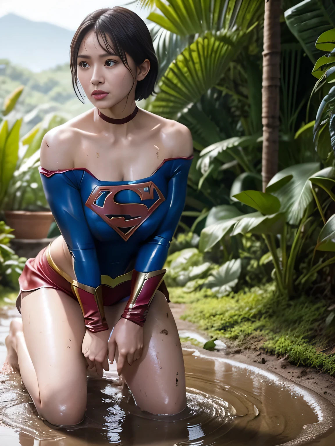 masterpiece、Supergirl Costume、short hair、barefoot、Big and ample breasts、Crisis situation、Complete surrender、Mud stains、jungle、Abused、Kneel、Sweaty、Shiny、looking at the camera、Dripping sewage、choker、Long sleeve、Sexy poses to seduce、Poor environment、Humiliating、Off the shoulder、latex、