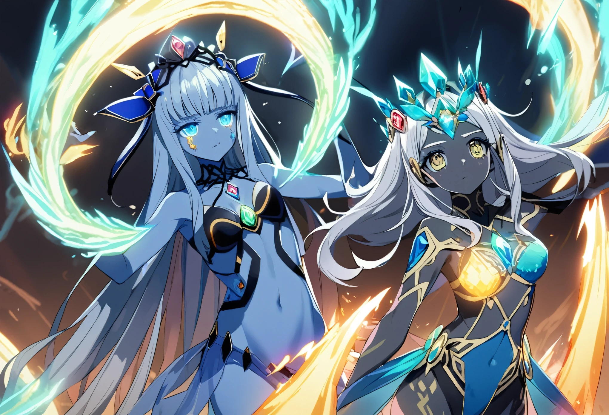 (2 subjects) (Subject 1: Cryptic girl in an action pose descending from the sky) and her companion (subject 2: a blue skinned water nymph, jewel adorned) combine their powers to fire an energy