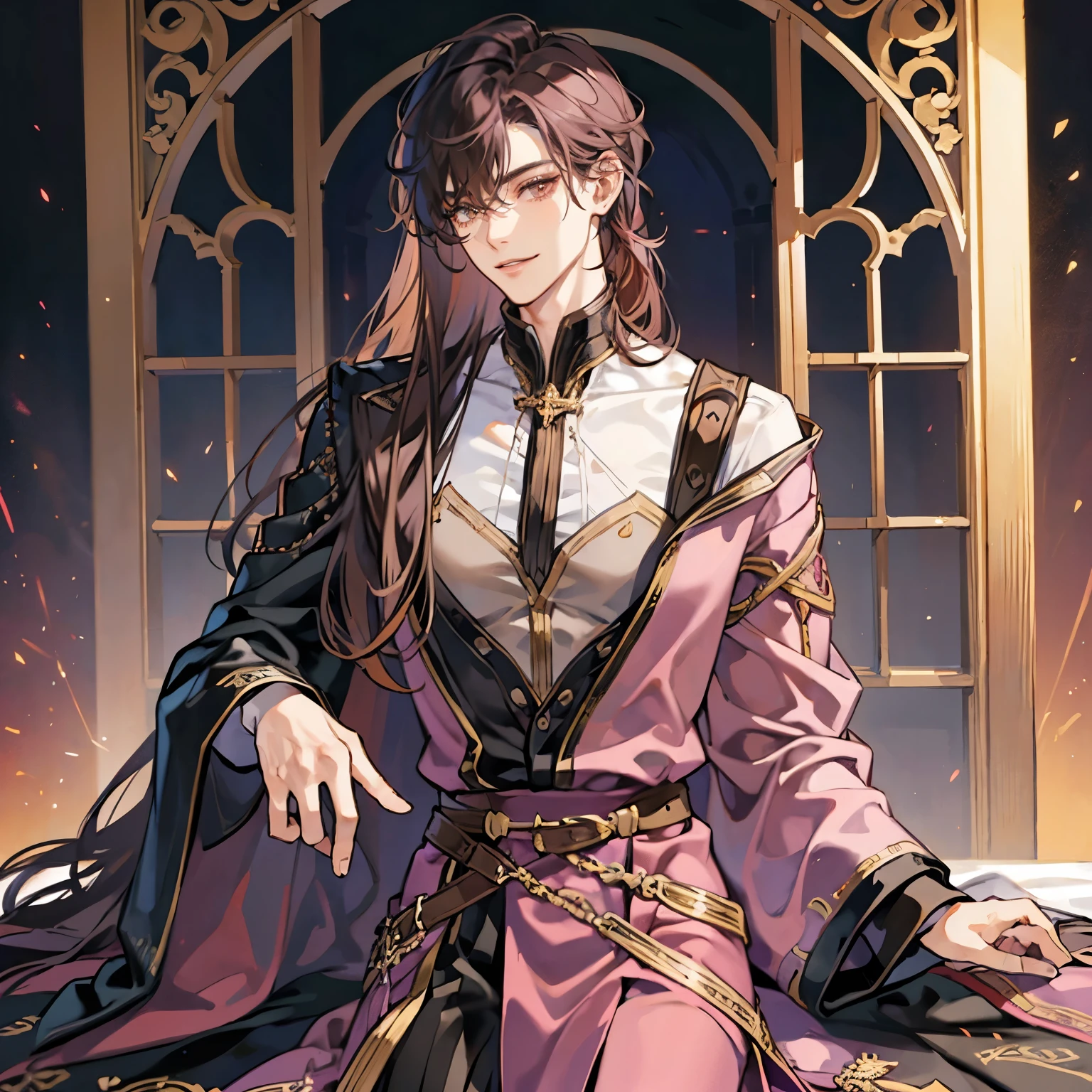 One man, male, sharp eyes, dark mauve hair, long hair, curtain bangs, tall, slender, muscular, broad shoulders, sharp jawline, long eyelashes, kind, manly but beautiful, brown eyes, smiling, masculine