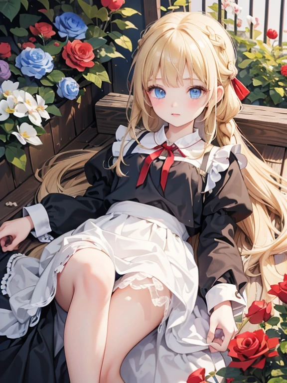 masterpiece, highest quality, Very detailed, 16k, Ultra-high resolution, One ***************, Detailed face, blue eyes, Blonde, Braid, Red ribbon on head, Black maid outfit, Drawers, blue sky, garden, Red Rose, Lie on your back